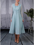 Two Piece A-Line Mother of the Bride Dress Wedding Guest Simple Elegant Shirt Collar Tea Length Long Sleeve with Pleats Solid Color