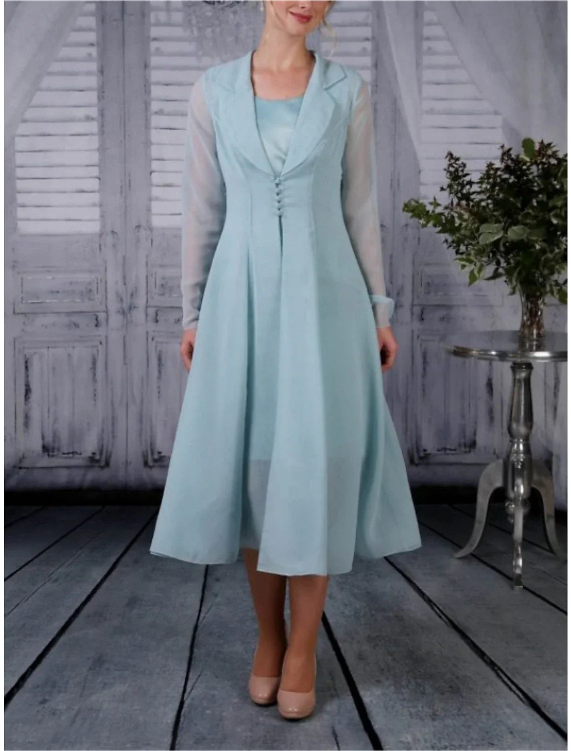 Two Piece A-Line Mother of the Bride Dress Wedding Guest Simple Elegant Shirt Collar Tea Length Long Sleeve with Pleats Solid Color