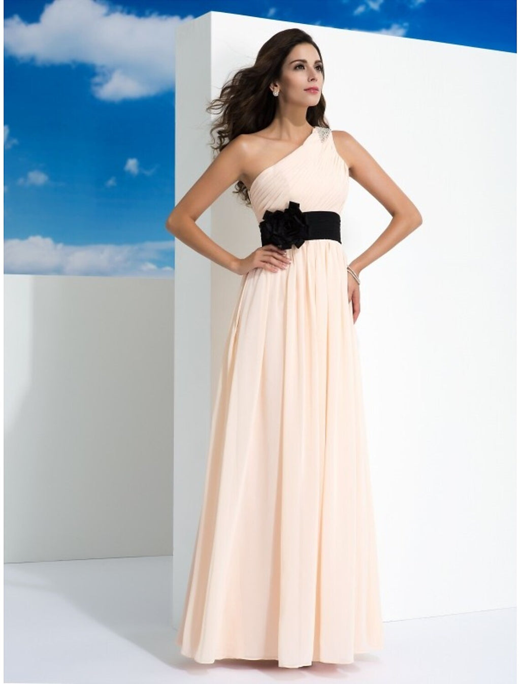 Party Wear Floor Length Sleeveless One Shoulder Belt Sash with Belt Ruched