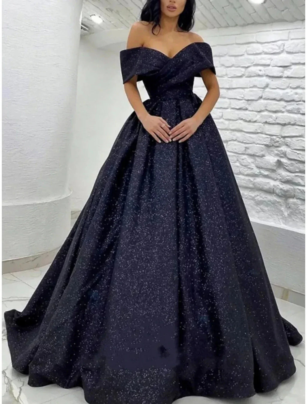 Black Sparkle Champagne Gold Dress Black Tie Carival Sweep / Brush Train Short Sleeve Off Shoulder with Glitter Pleats