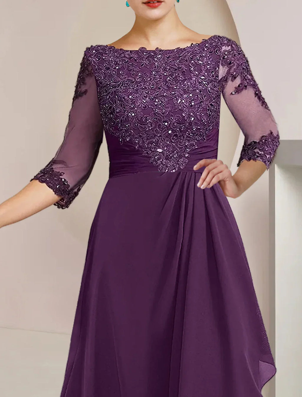 Mother of the Bride Dress Formal Wedding Guest Elegant High Low Scoop Neck Asymmetrical Floor Length 3/4 Length Sleeve with Beading Appliques