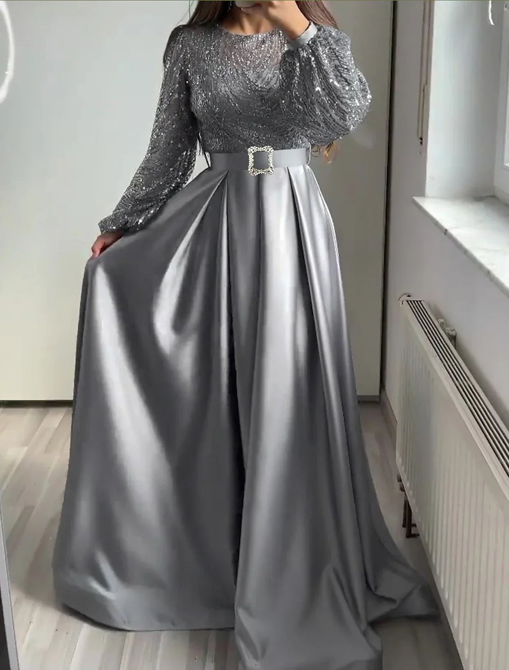 Black Evening Gown Glittering Dress Wedding Tie Floor Length Long Sleeve Jewel Neck Fall Wedding Guest