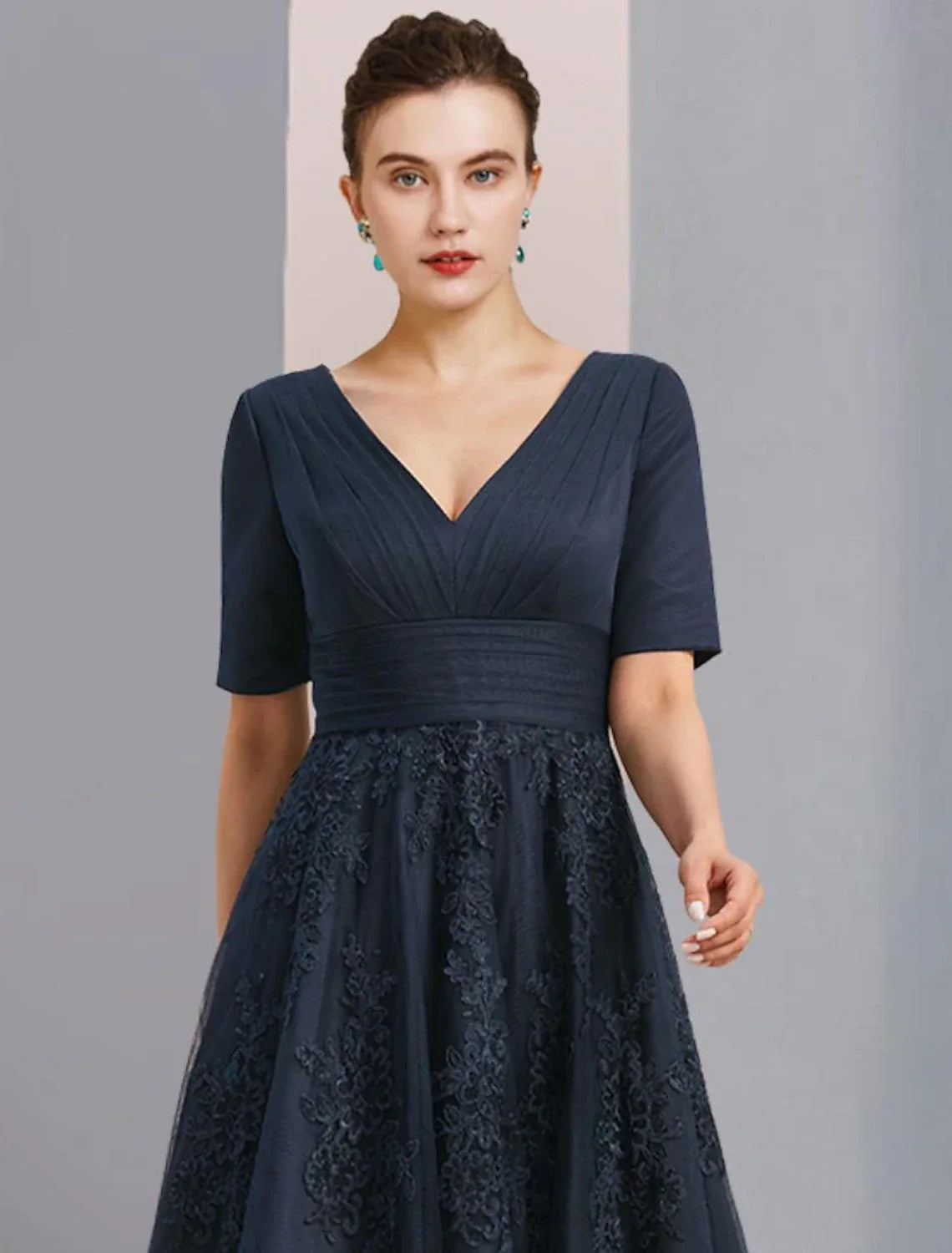 Mother of the Bride Dress Formal Wedding Guest Elegant Vintage V Neck Ankle Length Short Sleeve with Pleats Ruched Appliques