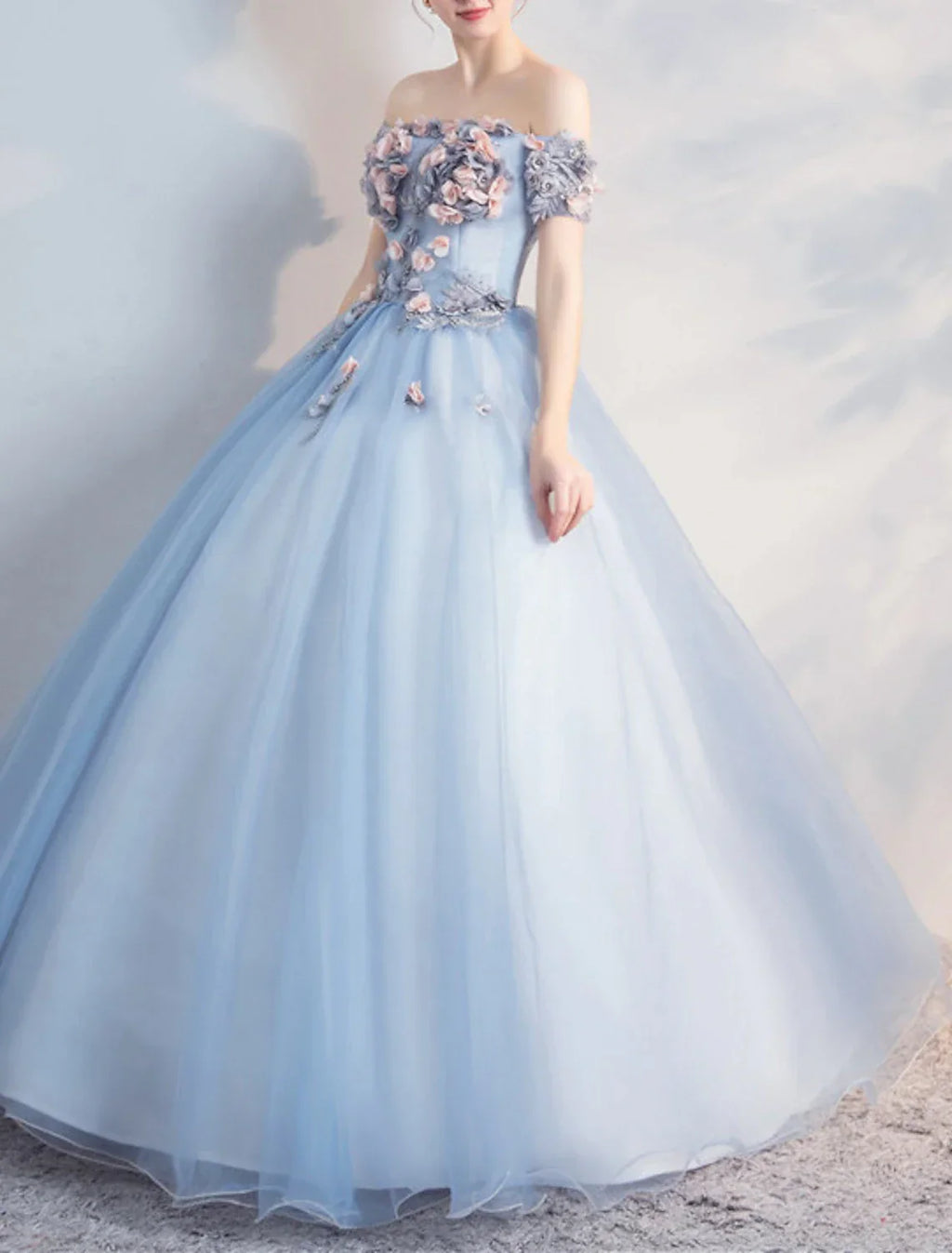 Ball Gown Floral Puffy Quinceanera Prom Dress Off Shoulder Short Sleeve Floor Length with Appliques