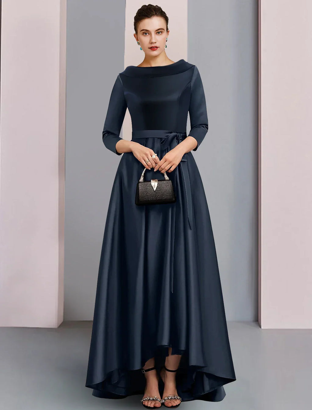 Mother of the Bride Dress Formal Wedding Guest Elegant High Low Bateau Neck Asymmetrical Ankle Length 3/4 Length Sleeve with Bow(s) Pleats
