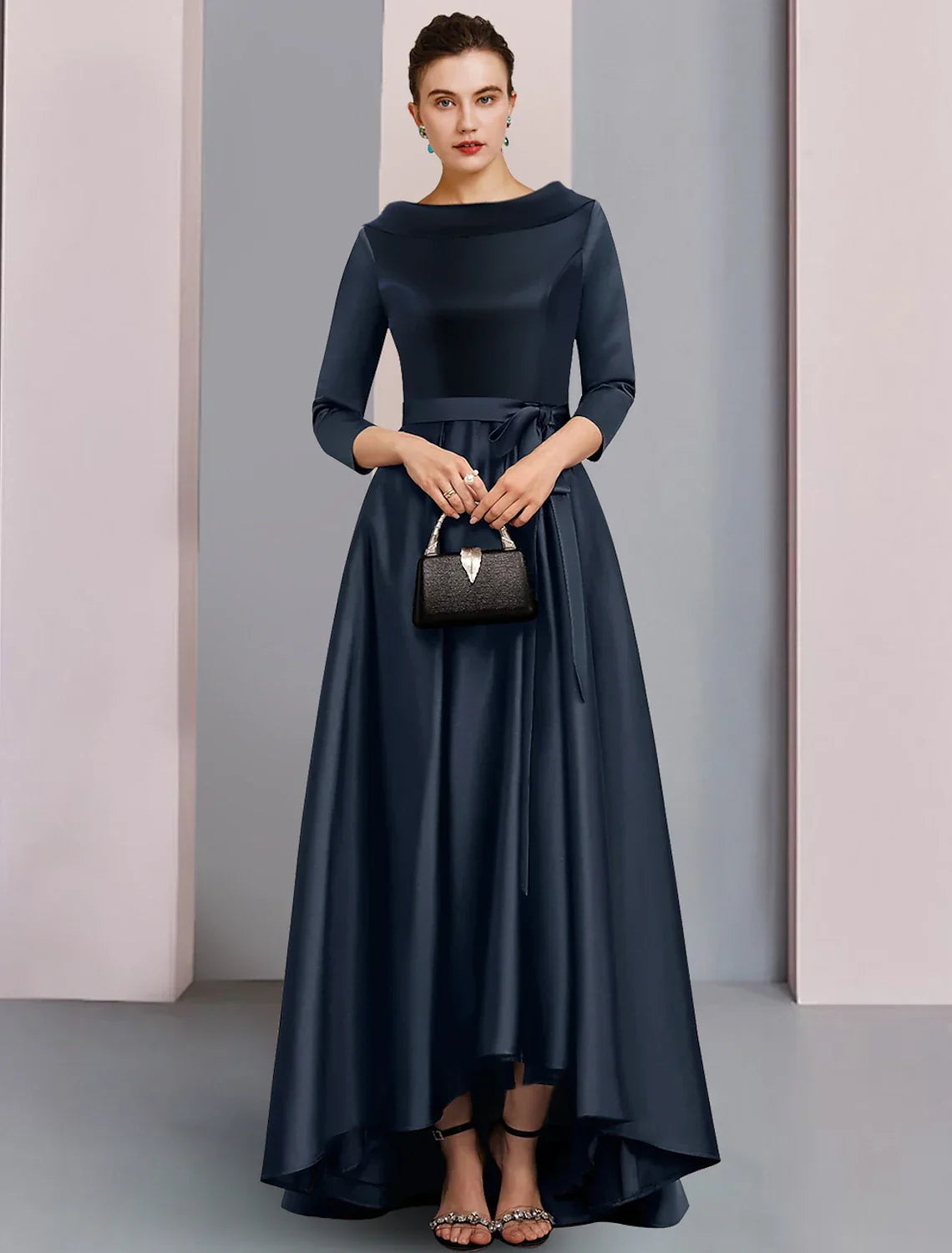 Mother of the Bride Dress Formal Wedding Guest Elegant High Low Bateau Neck Asymmetrical Ankle Length 3/4 Length Sleeve with Bow(s) Pleats