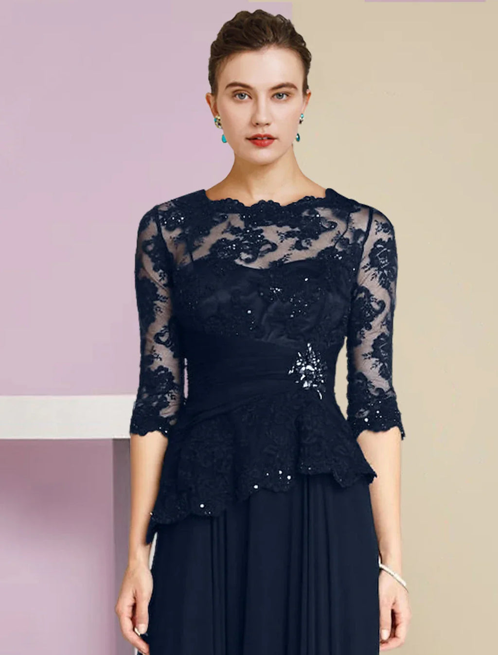 Mother of the Bride Dress Formal Wedding Guest Elegant Scoop Neck Floor Length Half Sleeve with Pleats Appliques Crystal Brooch