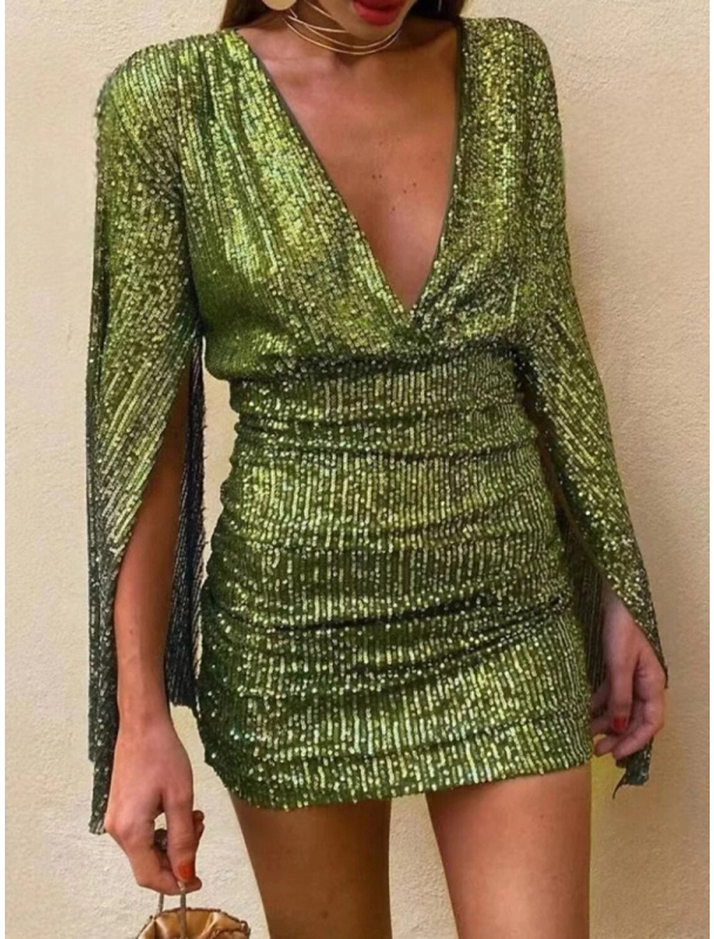 Sheath / Column Party Dresses Backless Dress Party Wear Short / Mini Long Sleeve V Neck Backless with Glitter Ruched
