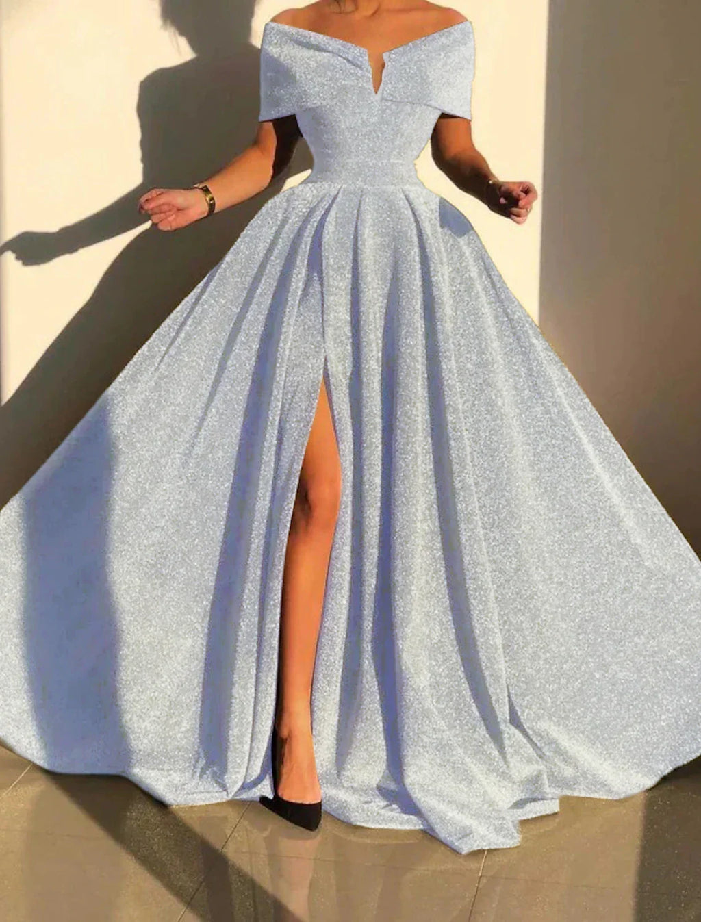 Silver Evening Gown Prom Silver Green Sparkle & Shine Party Formal Dress Formal Fall Court Train Sleeveless Off Shoulder Slit