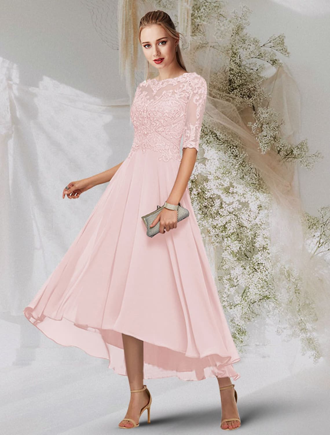 Evening Gown Empire Dress Wedding Guest Asymmetrical Long Sleeve Jewel Neck with Beading Insert