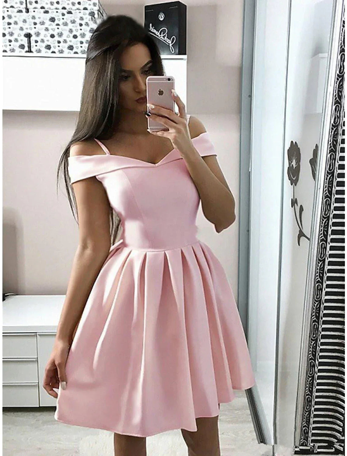 Pink Cocktail Dresses Minimalist Dress Homecoming Party Wear Knee Length Sleeveless V Neck Dress Fabric with Pleats