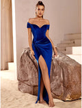 Blue Sheath / Column Party Dresses Elegant Dress Party Wear Floor Length Short Sleeve Off Shoulder with Ruched
