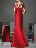 Green Mermaid Evening Gown Elegant Dress Red Dress Floor Length 3/4 Length Sleeve Illusion Neck Fall Wedding Guest with Appliques