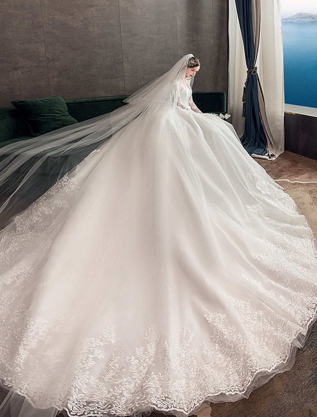 Engagement Open Back Formal Wedding Dresses Chapel Train Long Sleeve With Pleats Appliques