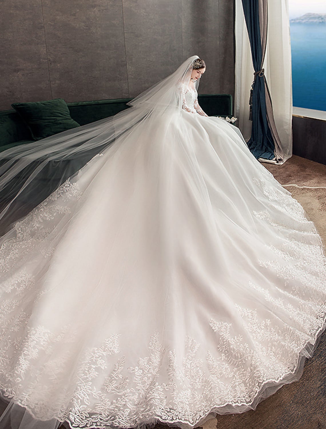 Engagement Open Back Formal Wedding Dresses Chapel Train Long Sleeve With Pleats Appliques