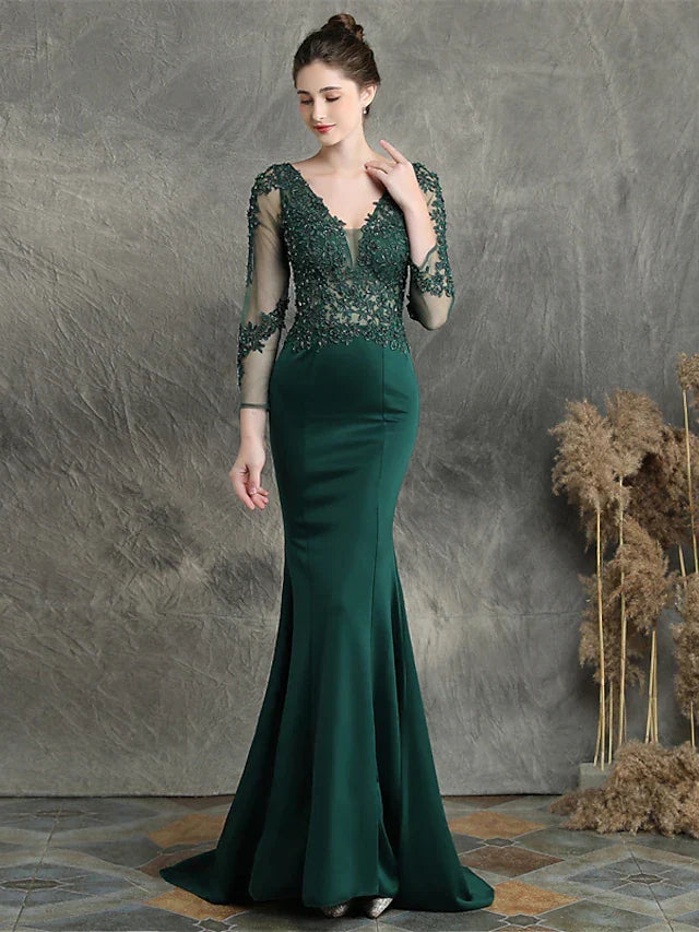 Long Sleeve V Neck Blend with Beading Appliques
