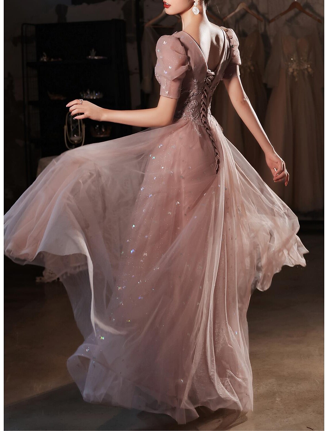 Wedding Guest Prom Floor Length Short Sleeve Sweetheart V Back with Beading Appliques