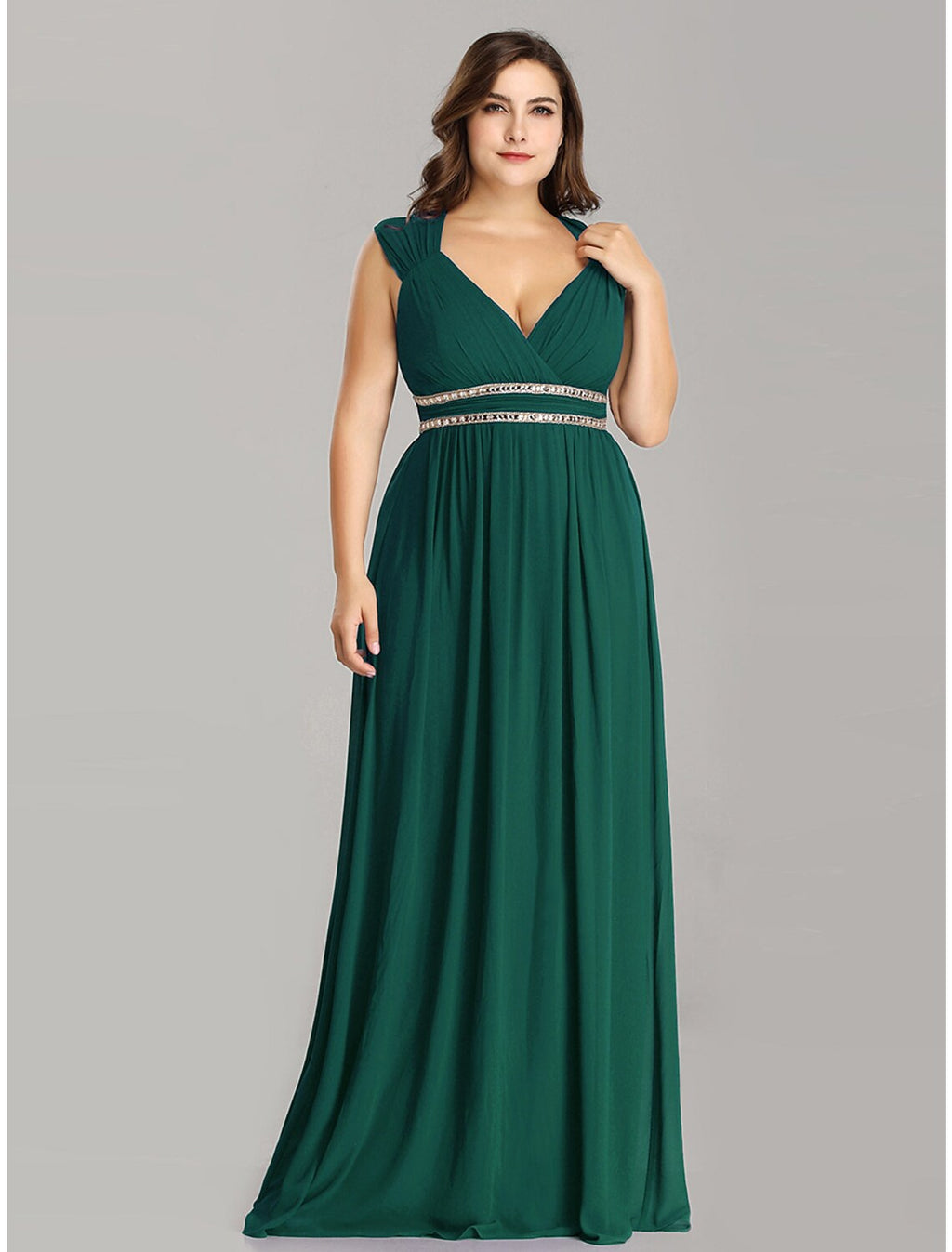 Plus Size Wedding Guest Prom Dress V Neck Backless Sleeveless Floor Length with Crystals Beading