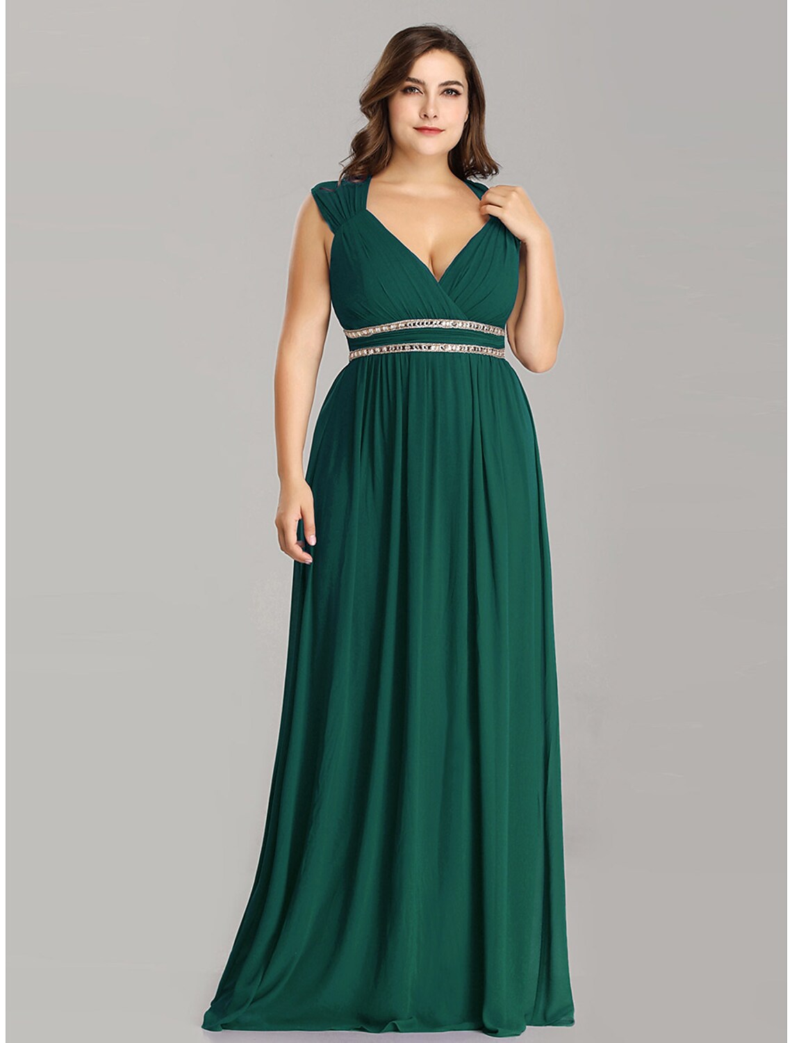 Plus Size Wedding Guest Prom Dress V Neck Backless Sleeveless Floor Length with Crystals Beading