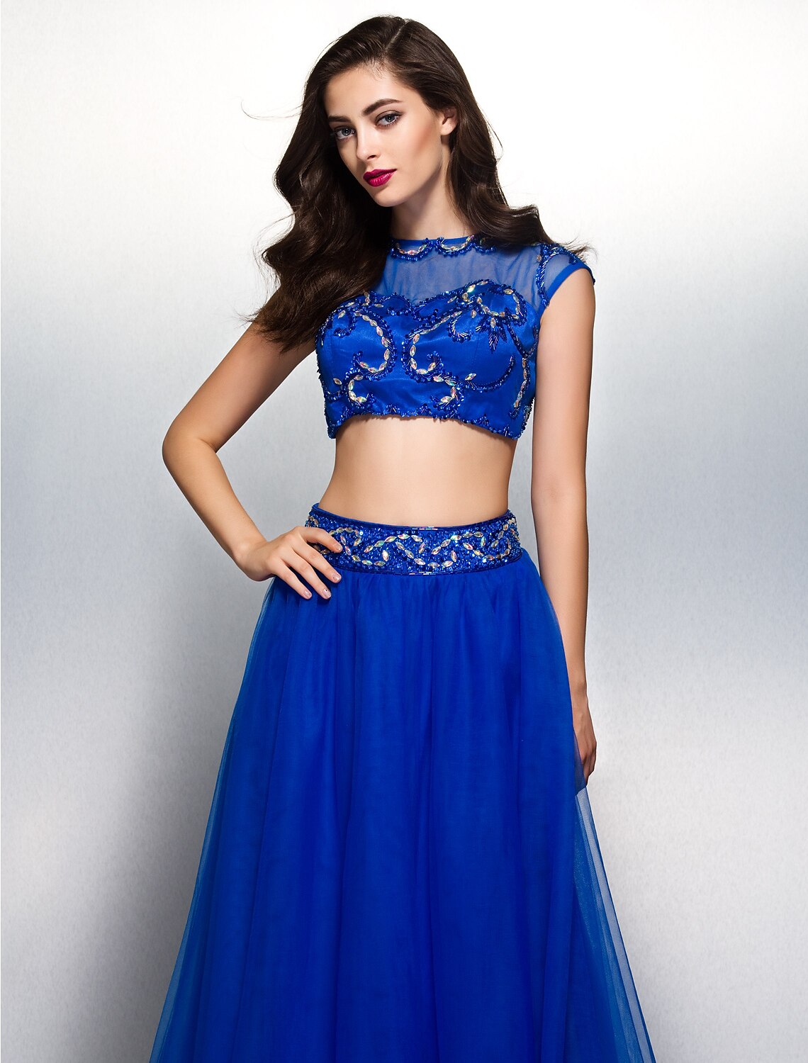 Two Piece A-Line Beautiful Back Two Piece Prom Formal Evening Dress Illusion Neck Short Sleeve Floor Length with Beading Appliques