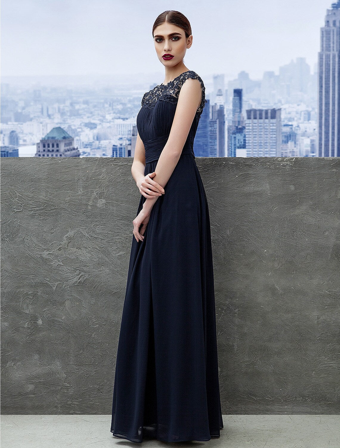 Evening Gown Dress Wedding Guest Floor Length Short Sleeve Boat Neck with Ruched