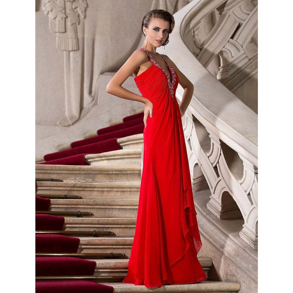 Celebrity Style Dress Formal Evening Military Ball Floor Length Sleeveless Plunging Neck with Beading