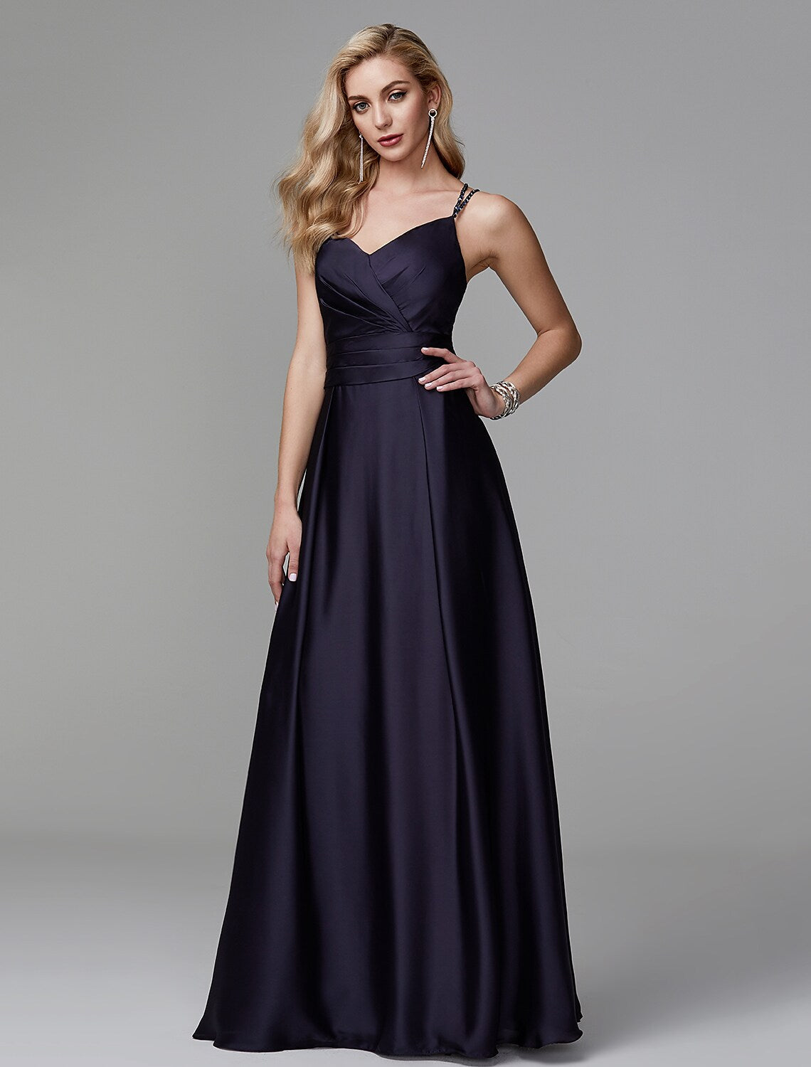 Evening Party Floor Length Sleeveless Strap Crisscross Back Beading