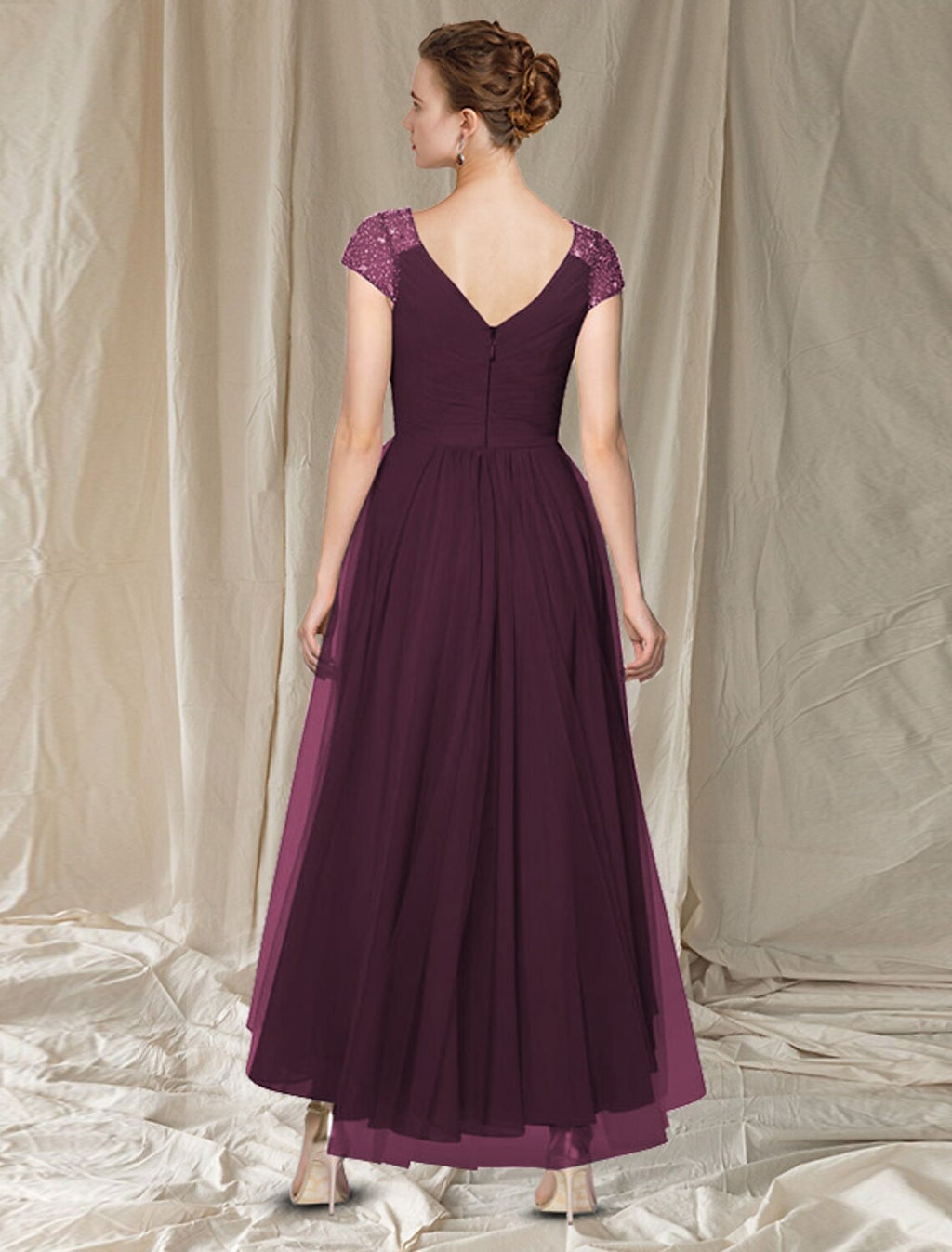 Mother of the Bride Dress Elegant High Low V Neck Asymmetrical Ankle Length Cap Sleeve with Pleats Beading