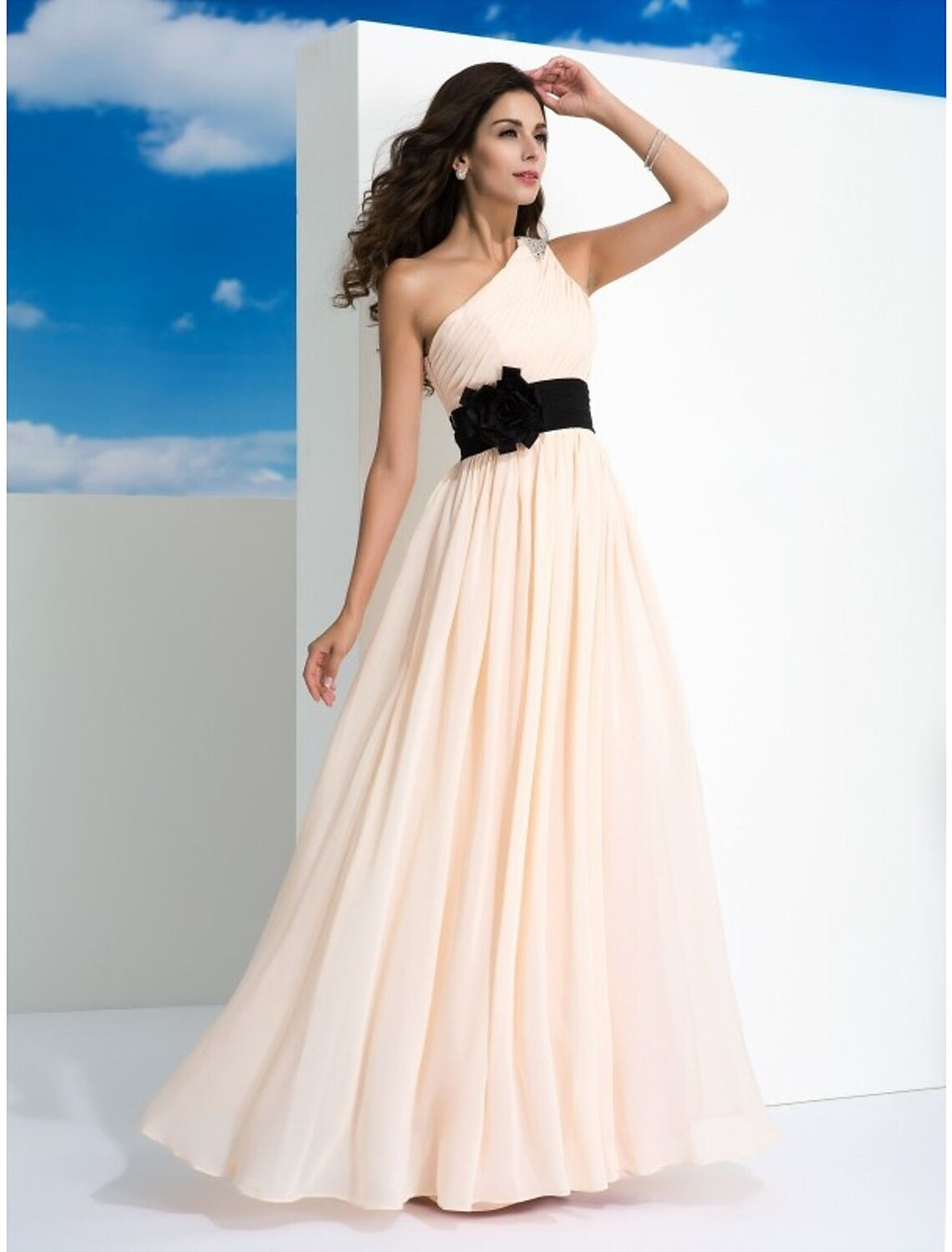 Party Wear Floor Length Sleeveless One Shoulder Belt Sash with Belt Ruched