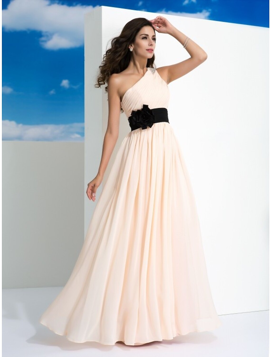 Party Wear Floor Length Sleeveless One Shoulder Belt Sash with Belt Ruched