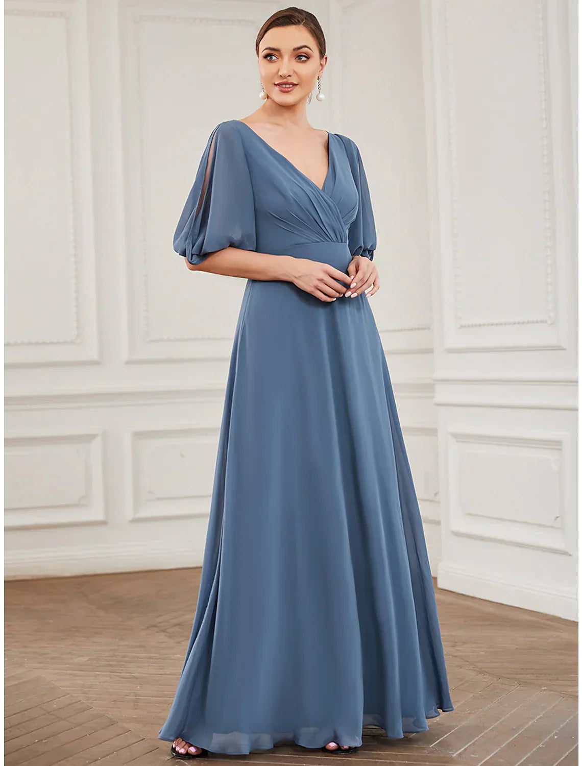 Evening Gown Dress Wedding Guest Floor Length Half Sleeve V Neck with Pleats