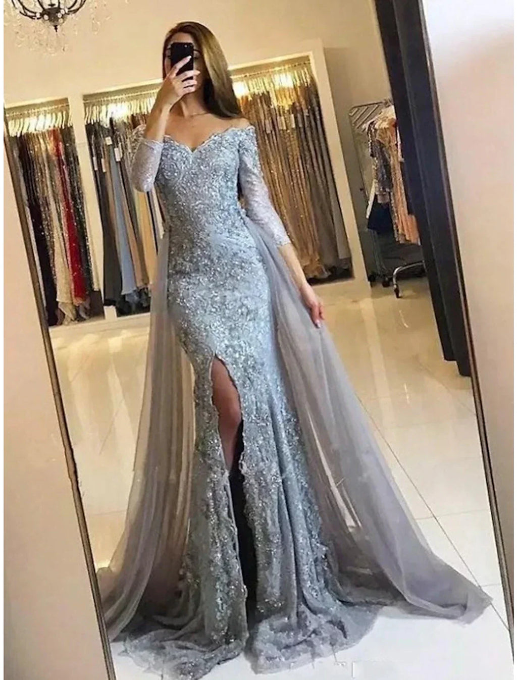 Mermaid / Trumpet Evening Gown Floral Dress Formal Sweep / Brush Train Long Sleeve Off Shoulder with Slit Appliques