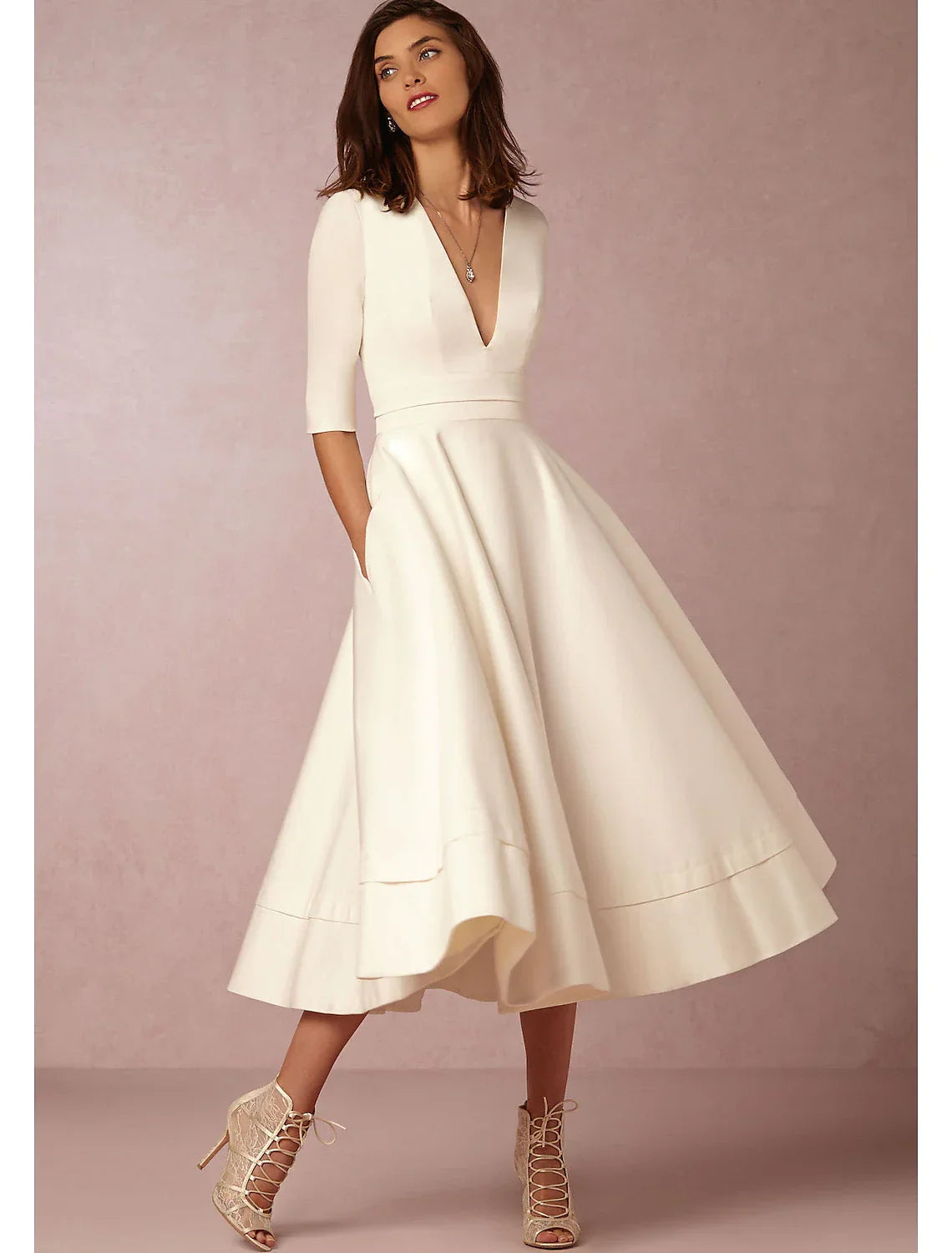 Special Occasion Dresses Party Dress Holiday Tea Length Half Sleeve V Neck Pocket with Pleats