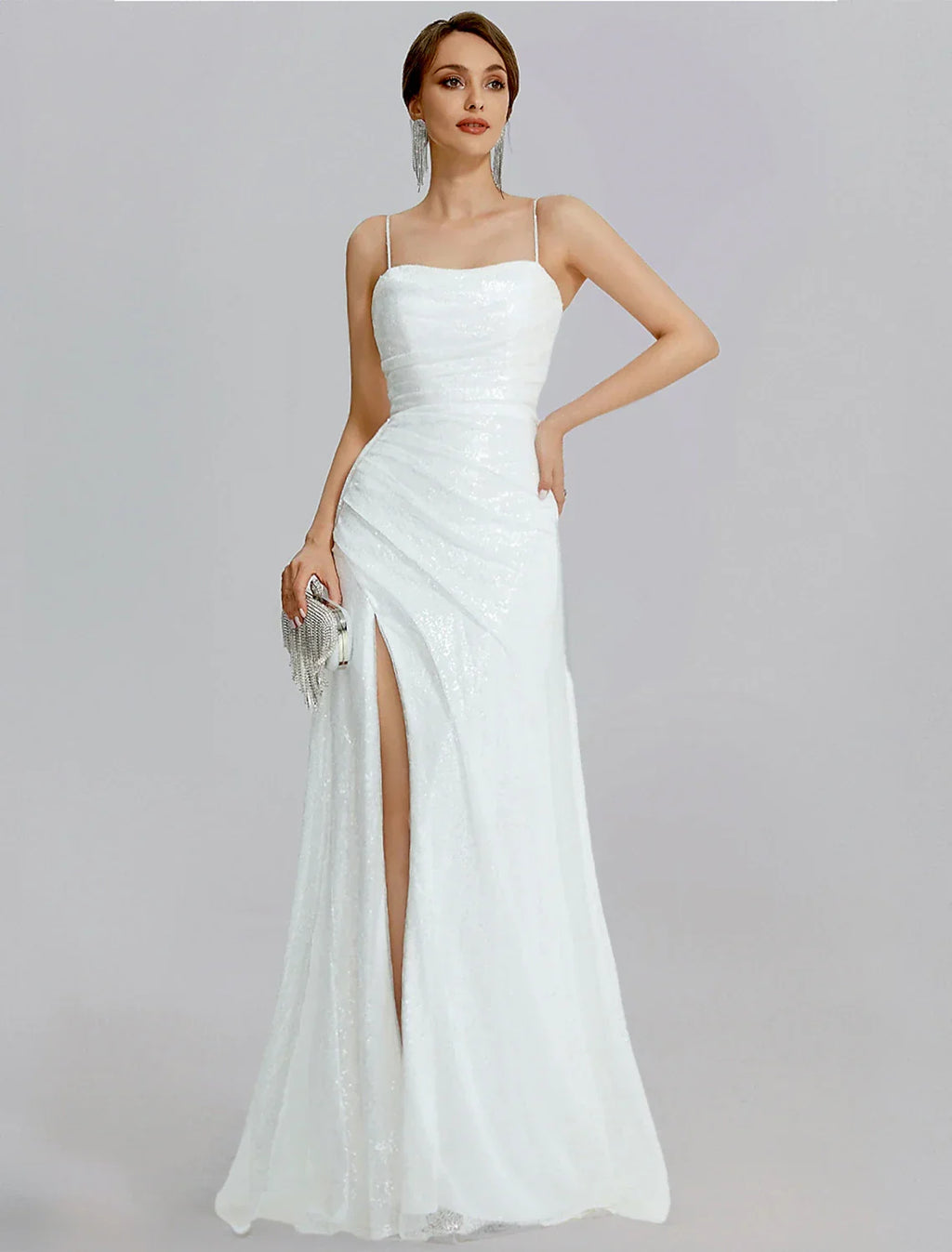 Mermaid / Trumpet Prom Dresses Sparkle Dress Wedding Floor Length Sleeveless Cowl Neck with Ruched Slit