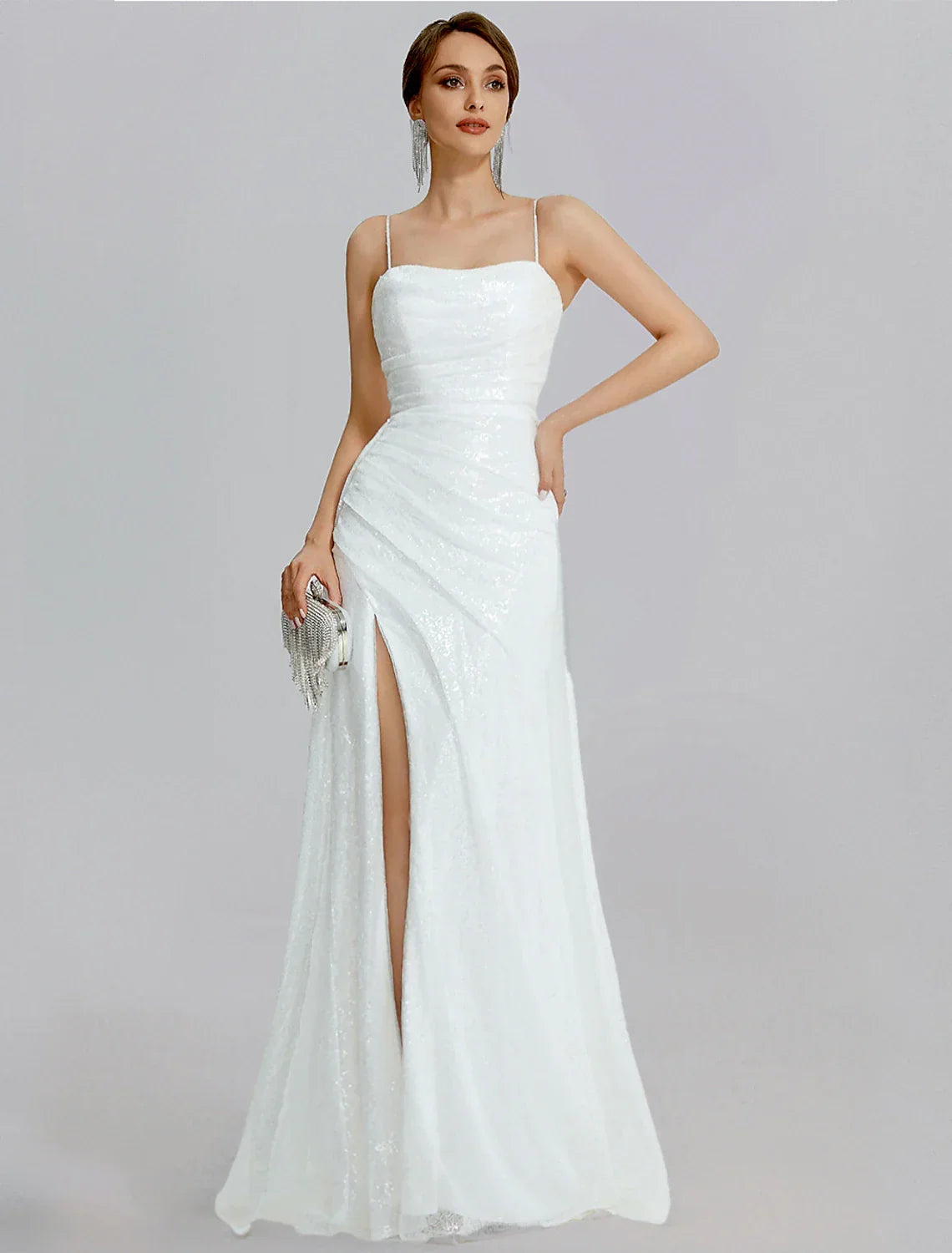 Mermaid / Trumpet Prom Dresses Sparkle Dress Wedding Floor Length Sleeveless Cowl Neck with Ruched Slit