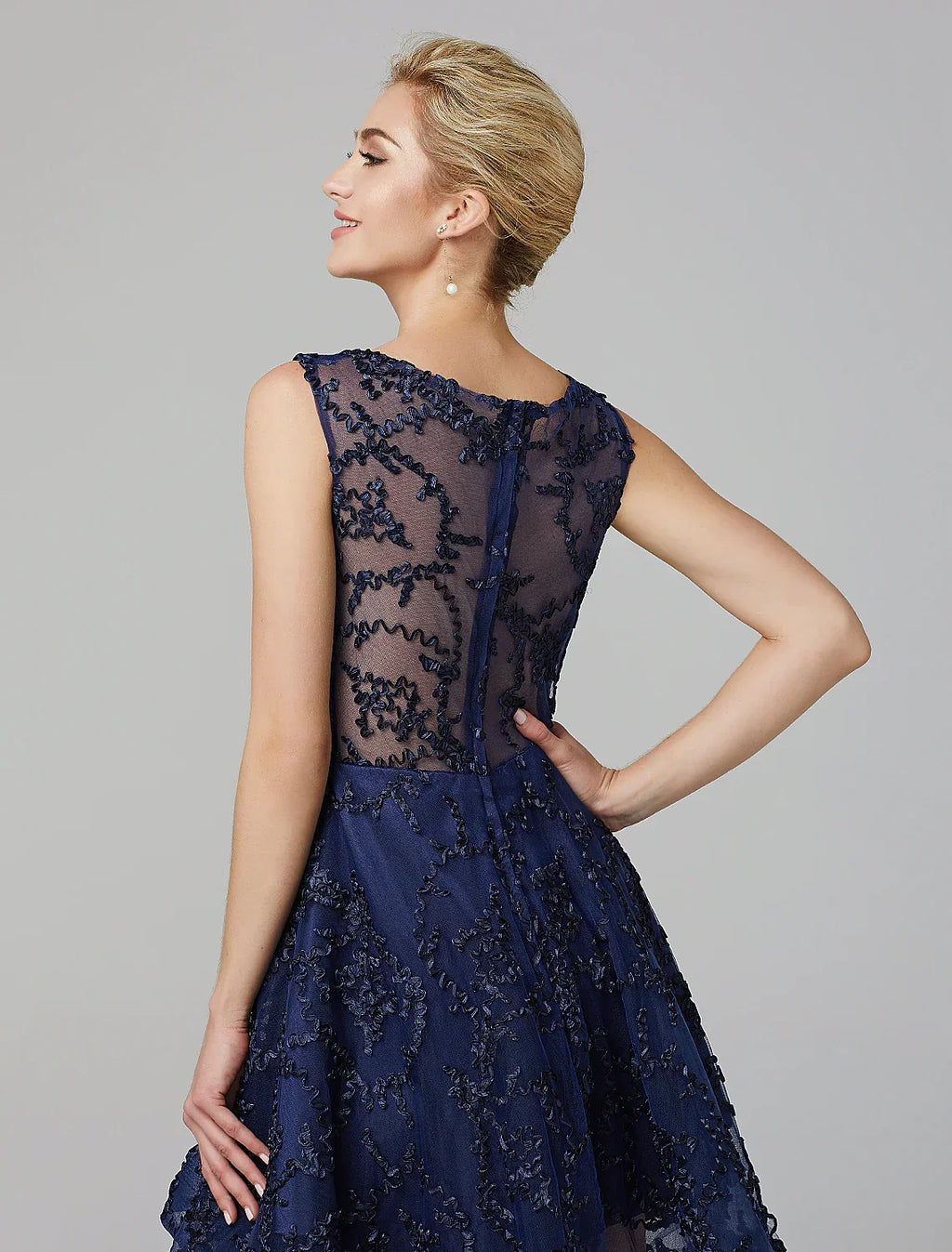 Hot Dress Wedding Guest Cocktail Party Asymmetrical Sleeveless Illusion Neck with Appliques