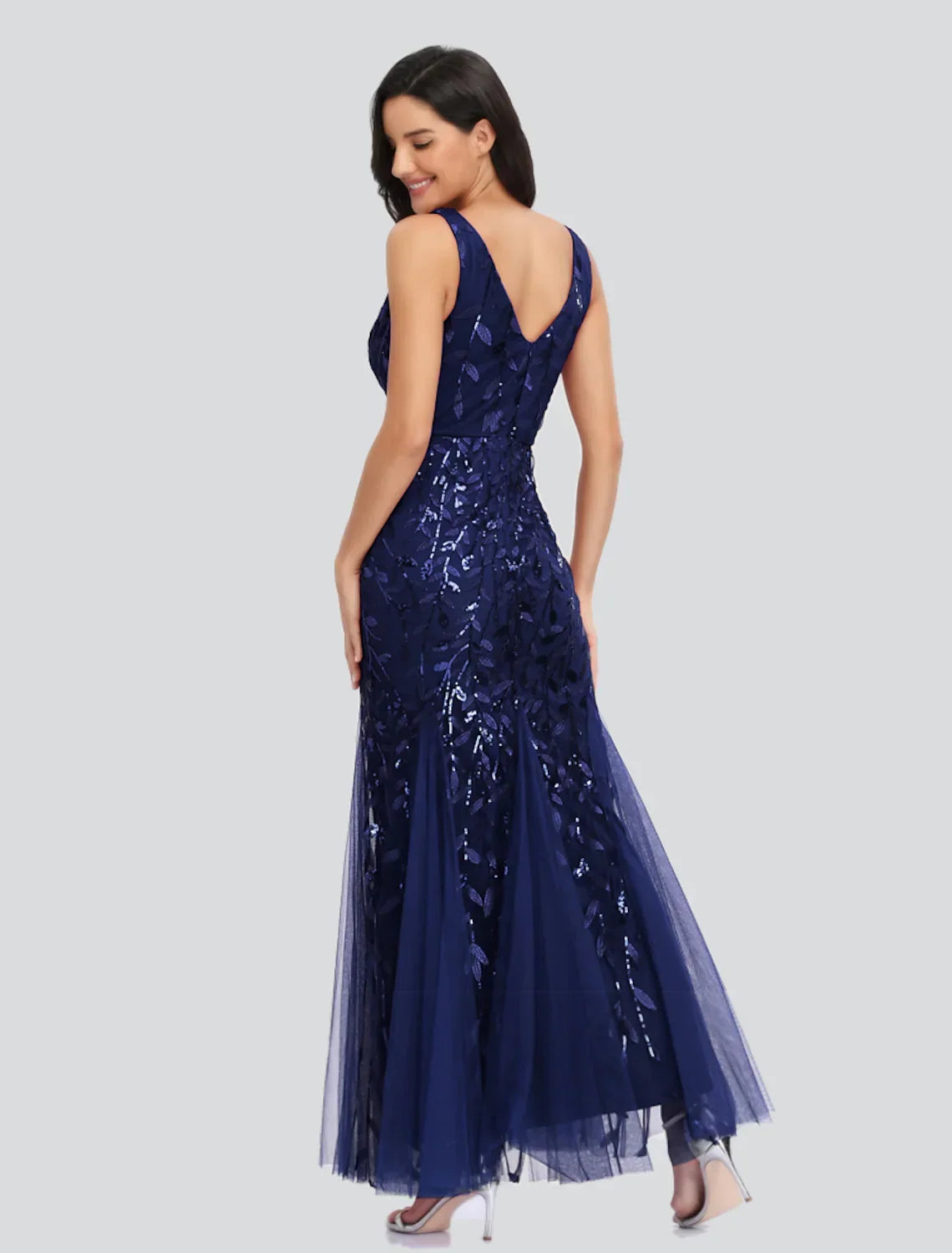 Party Wear Formal Evening Dress V Neck V Back Sleeveless Floor Length with Embroidery