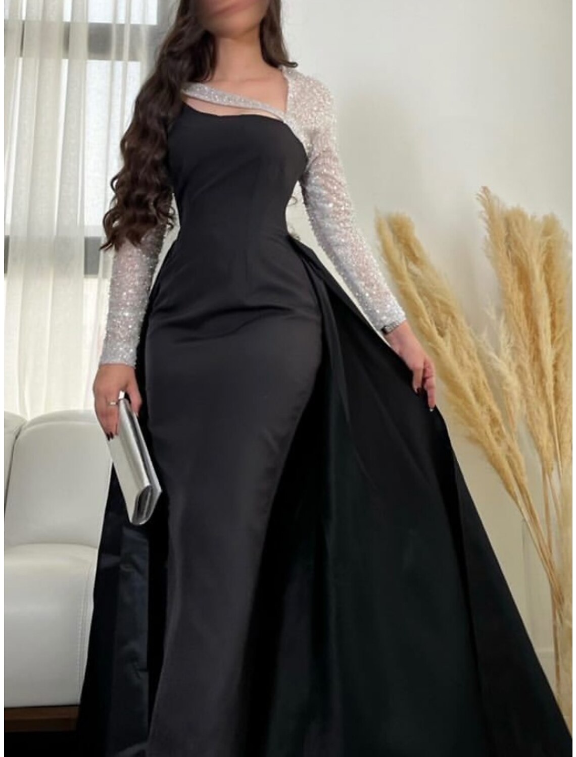 Black Sheath / Column Evening Gown Elegant Dress Formal Floor Length Dress Long Sleeve Scoop Neck with Pleats