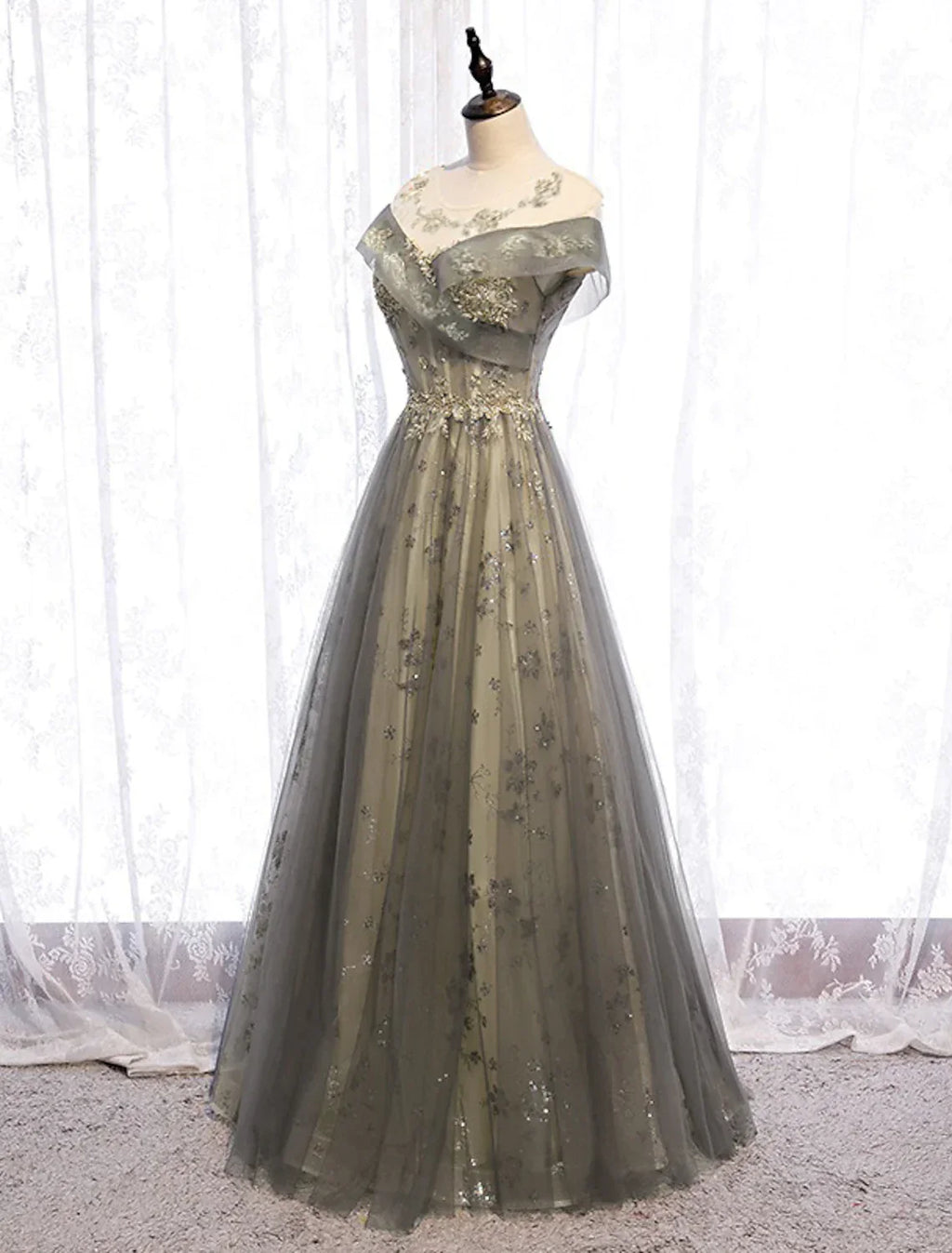 Evening Gown Elegant Dress Wedding Floor Length Short Sleeve with Pleats