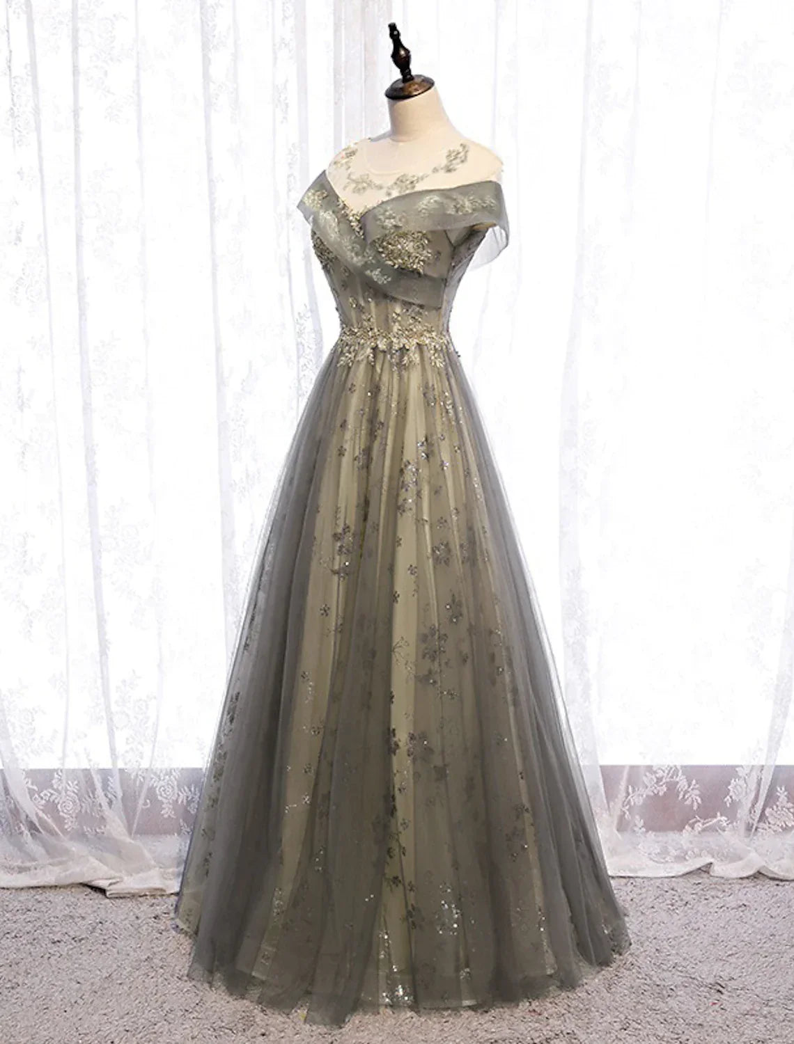 Evening Gown Elegant Dress Wedding Floor Length Short Sleeve with Pleats