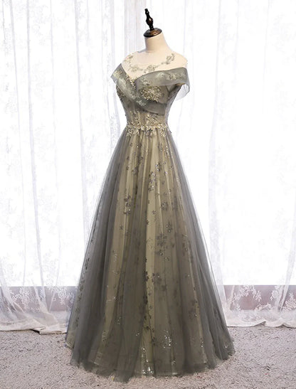 Elegant Red A-Line Classic-Neck Short-Sleeve Classic-Back Floor-Length Prom Dress