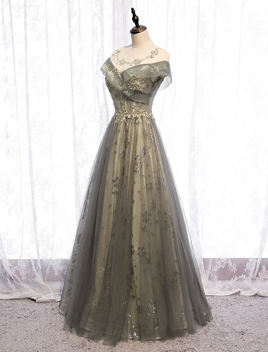 Evening Gown Elegant Dress Wedding Guest Floor Length Short Sleeve Illusion Neck with Pleats