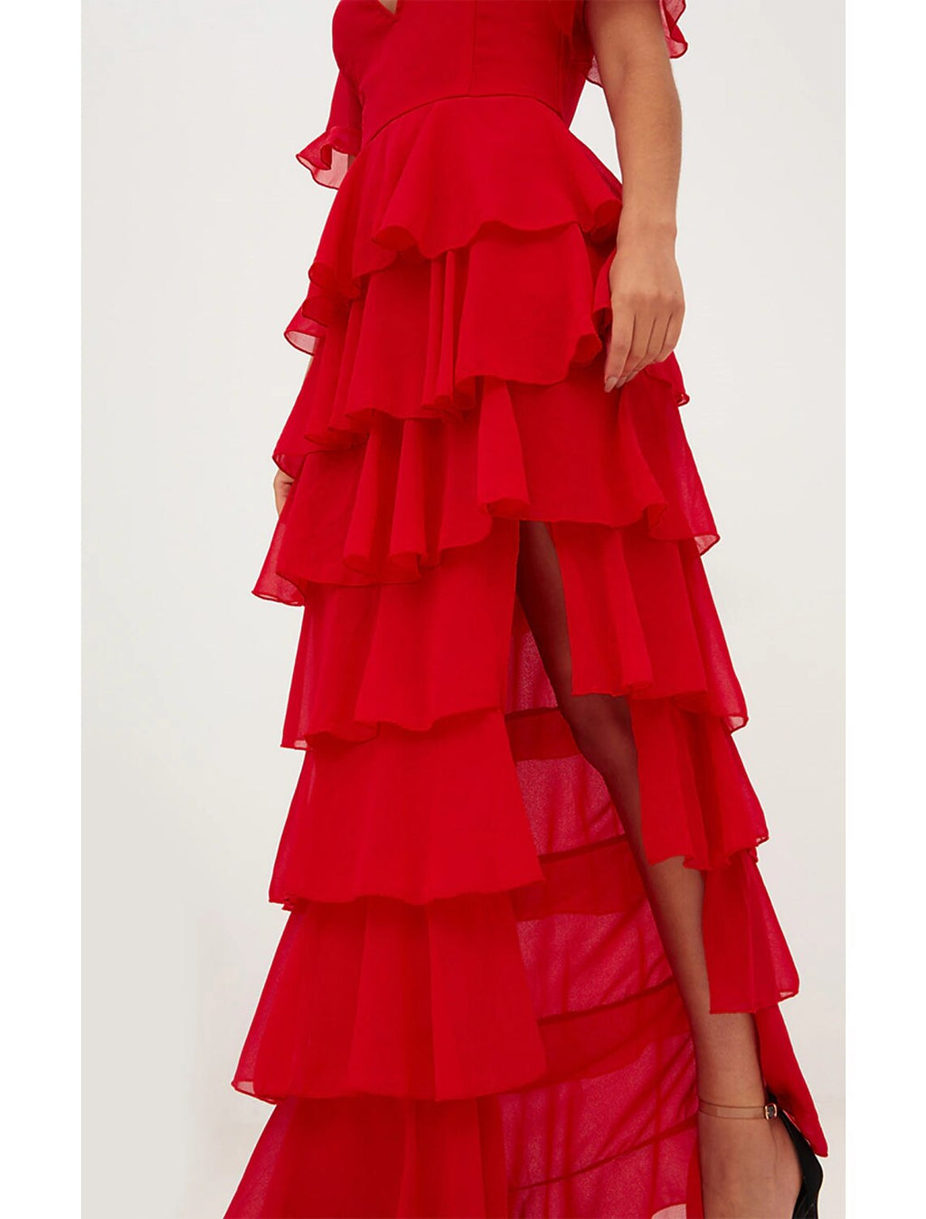 Green Evening Dress Red Dress Elegant Wedding Guest Formal V Neck Short Sleeve Floor Length with Ruffles Tier