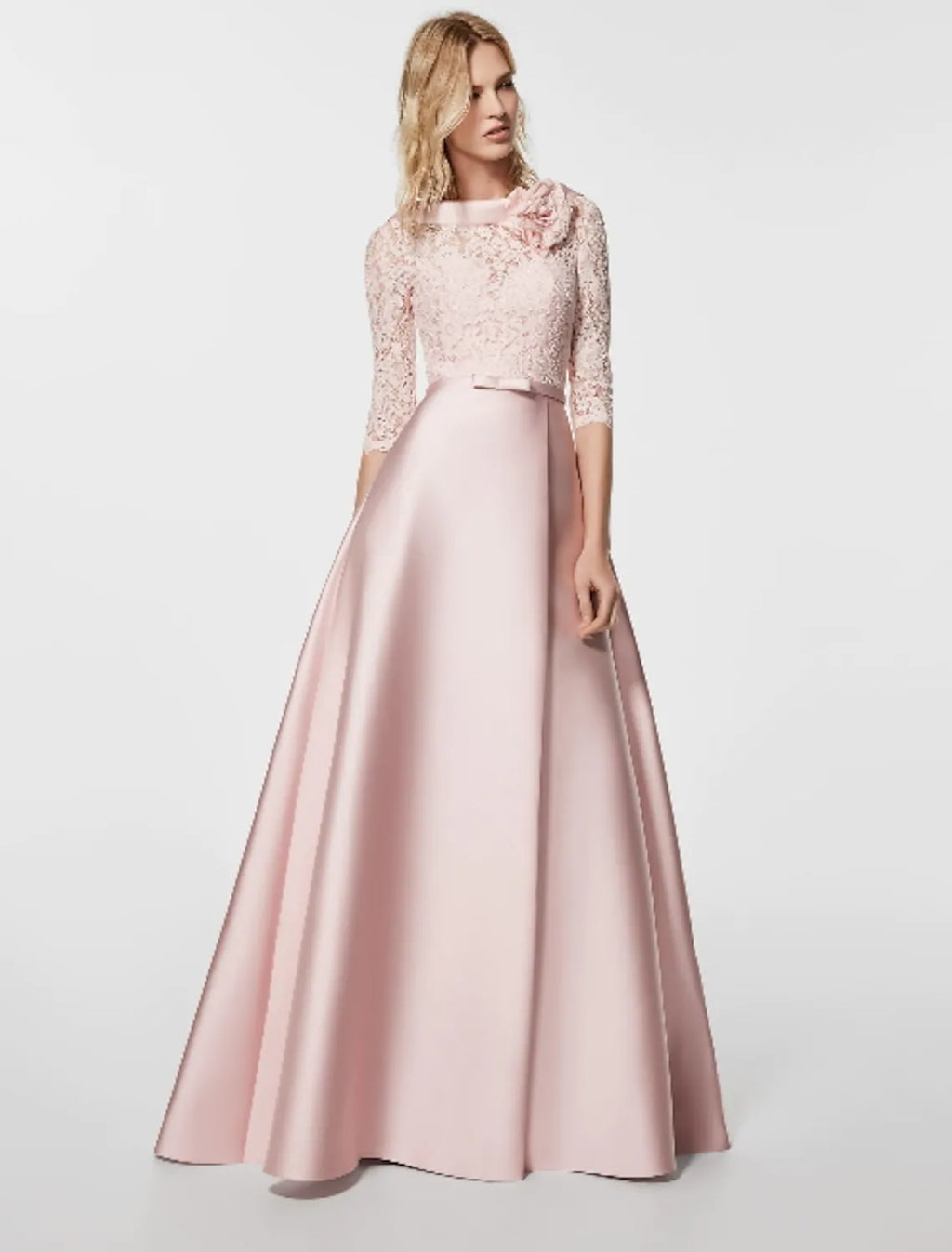 Evening Gown Dress Wedding Guest Floor Length Half Sleeve with Sash Ribbon