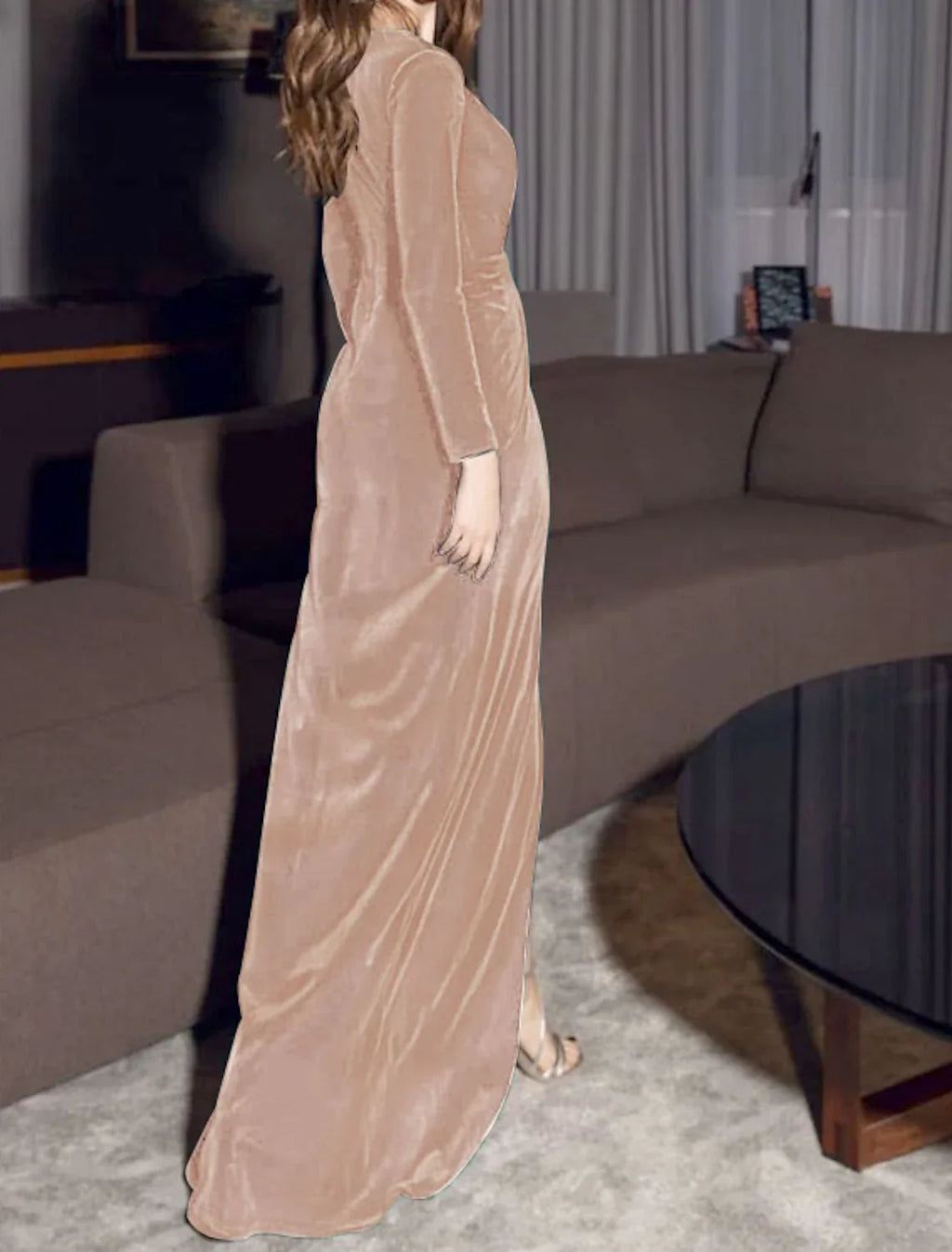 Green Sheath / Column Evening Gown Vintage Dress Christmas Red Dress Formal Evening Floor Length Long Sleeve V Neck Fall Wedding Guest with Draping Slit