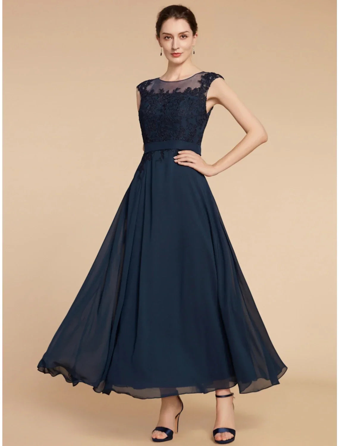 Mother of the Bride Dress Wedding Guest Elegant Jewel Neck Ankle Length Long Sleeve with Ruching Solid Color