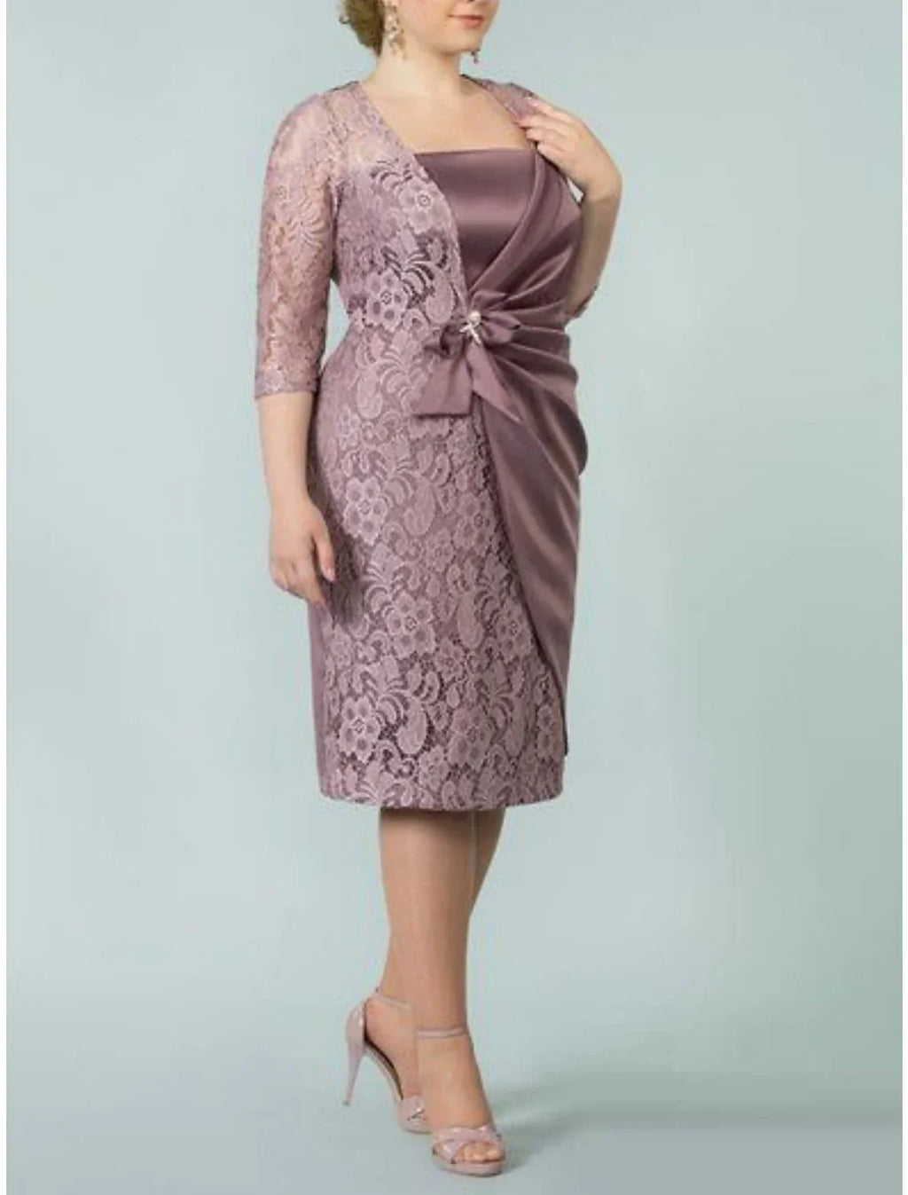 Mother of the Bride Dresses Plus Size Curve Hide Belly Wedding Guest Party Elegant Square Neck Tea Length Imitated 3/4 Length Sleeve with Bow(s)