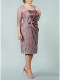 Mother of the Bride Dresses Plus Size Curve Hide Belly Wedding Guest Party Elegant Square Neck Tea Length Imitated 3/4 Length Sleeve with Bow(s)