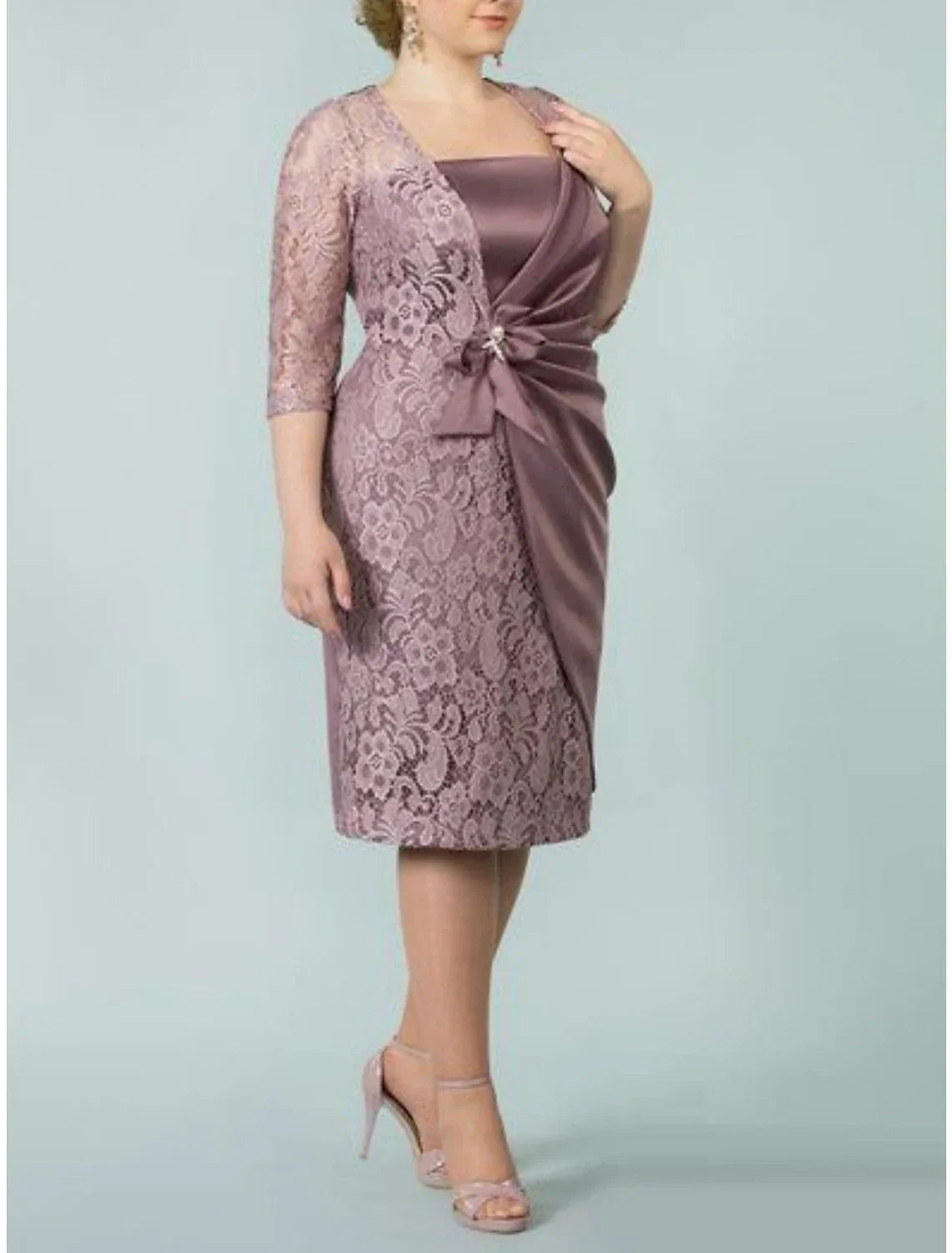 Mother of the Bride Dresses Plus Size Curve Hide Belly Wedding Guest Party Elegant Square Neck Tea Length Imitated 3/4 Length Sleeve with Bow(s)