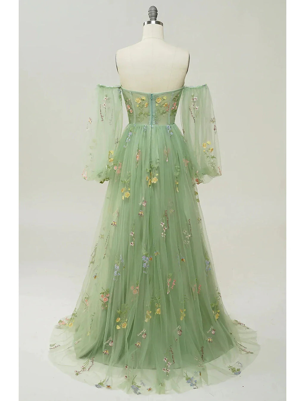 Evening Gown Floral Dress Formal Floor Length Long Sleeve Sweetheart Backless with Pleats Appliques